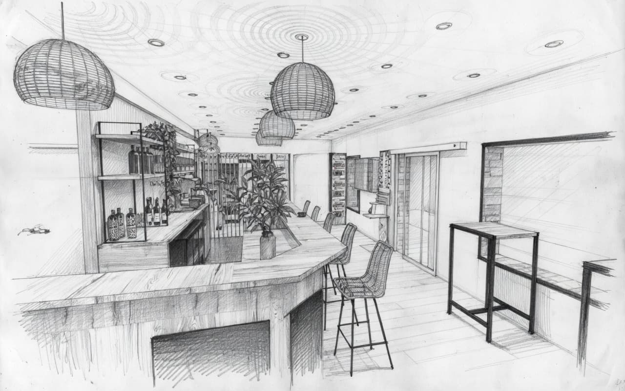 Design sketch — bar interior with counter and stools