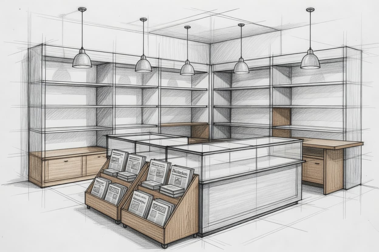 Design sketch — shop fitting with counter and display stands