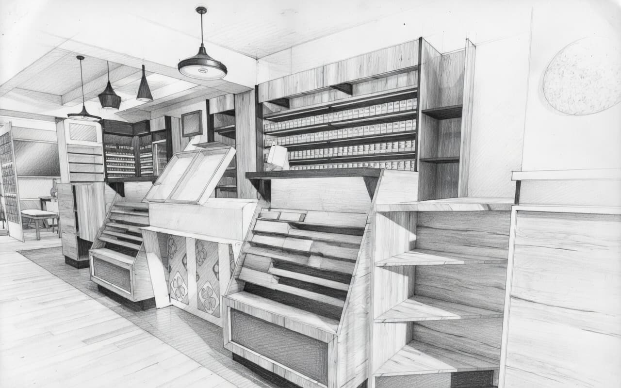 Design sketch — convenience store with bakery shelving